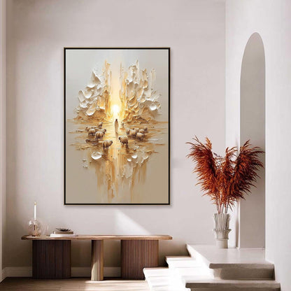 Textured Oil Painting, Jesus Shepherd with Sheep, Christian Wall Art, Home Decor – Gold Abstract 3D Texture Wall Art | Textur