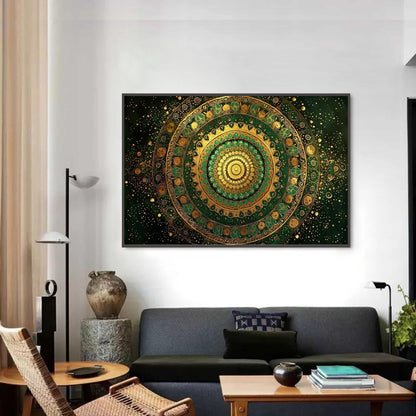 Green and Gold Abstract Boho Wall Art – Golden Green Mandala Art, Intricate Boho Wall Decor, Meditation Yoga Studio Canvas
