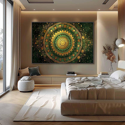 Golden Green Mandala Art, Intricate Boho Wall Decor, Meditation Yoga Studio Canvas – Green and Gold Abstract Boho Wall Art | 