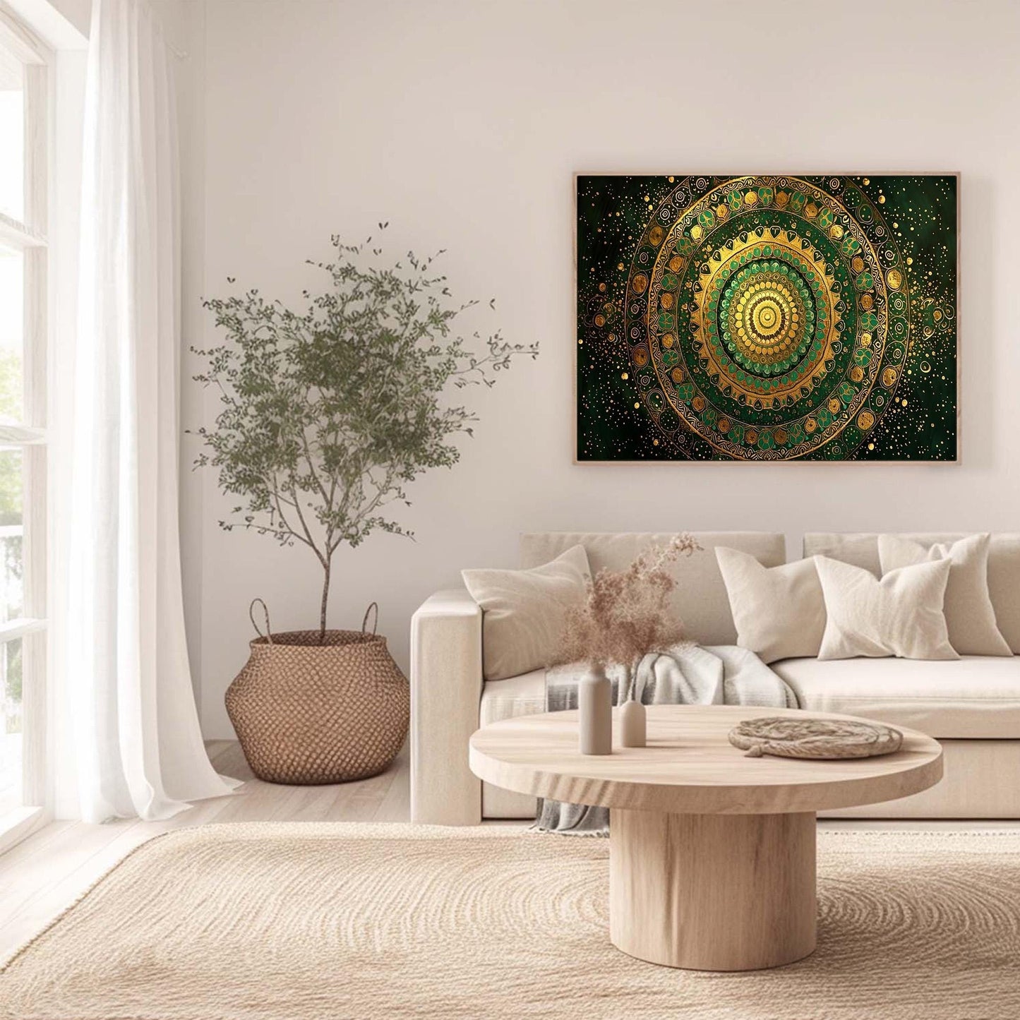 Green and Gold Abstract Boho Wall Art – Golden Green Mandala Art, Intricate Boho Wall Decor, Meditation Yoga Studio Canvas