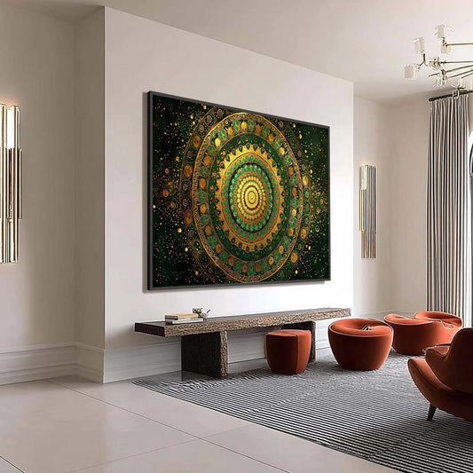 Golden Green Mandala Art, Intricate Boho Wall Decor, Meditation Yoga Studio Canvas – Green and Gold Abstract Boho Wall Art | 
