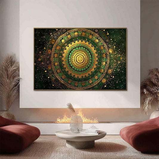 Golden Green Mandala Art, Intricate Boho Wall Decor, Meditation Yoga Studio Canvas – Green and Gold Abstract Boho Wall Art | 