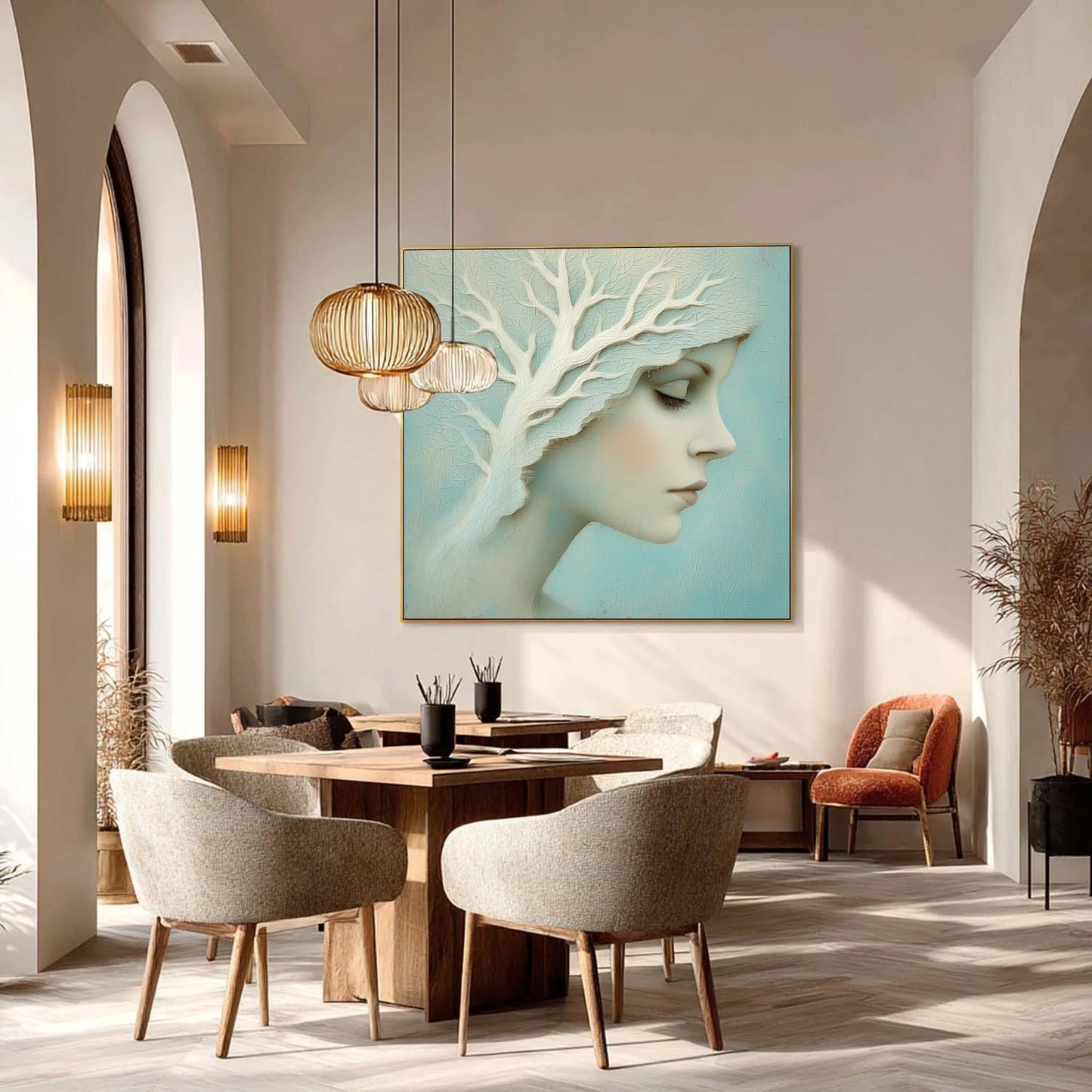 Teal and White Tree Wall Art – Profile Portrait with Sculptural White Tree, Teal Background, Dreamlike Wall Art