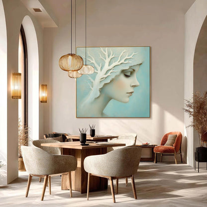Teal and White Tree Wall Art – Profile Portrait with Sculptural White Tree, Teal Background, Dreamlike Wall Art
