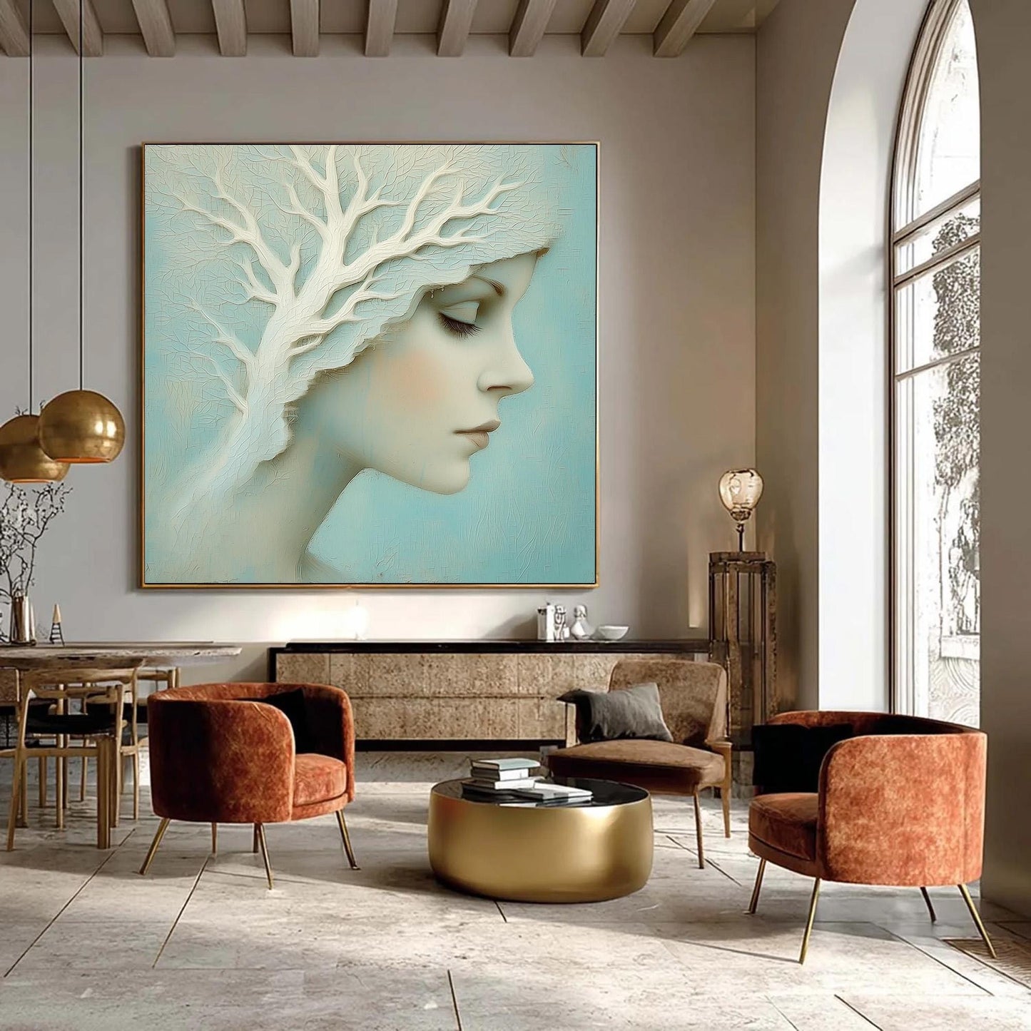 Teal and White Tree Wall Art – Profile Portrait with Sculptural White Tree, Teal Background, Dreamlike Wall Art