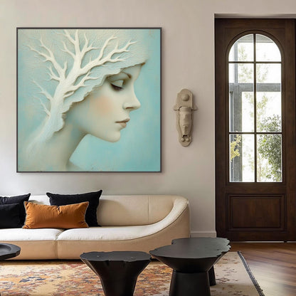 Profile Portrait with Sculptural White Tree, Teal Background, Dreamlike Wall Art – Teal and White Tree Wall Art | Painting, v