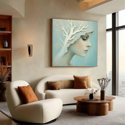 Profile Portrait with Sculptural White Tree, Teal Background, Dreamlike Wall Art – Teal and White Tree Wall Art | Painting, v