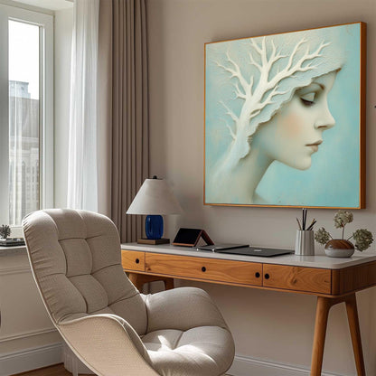 Teal and White Tree Wall Art – Profile Portrait with Sculptural White Tree, Teal Background, Dreamlike Wall Art