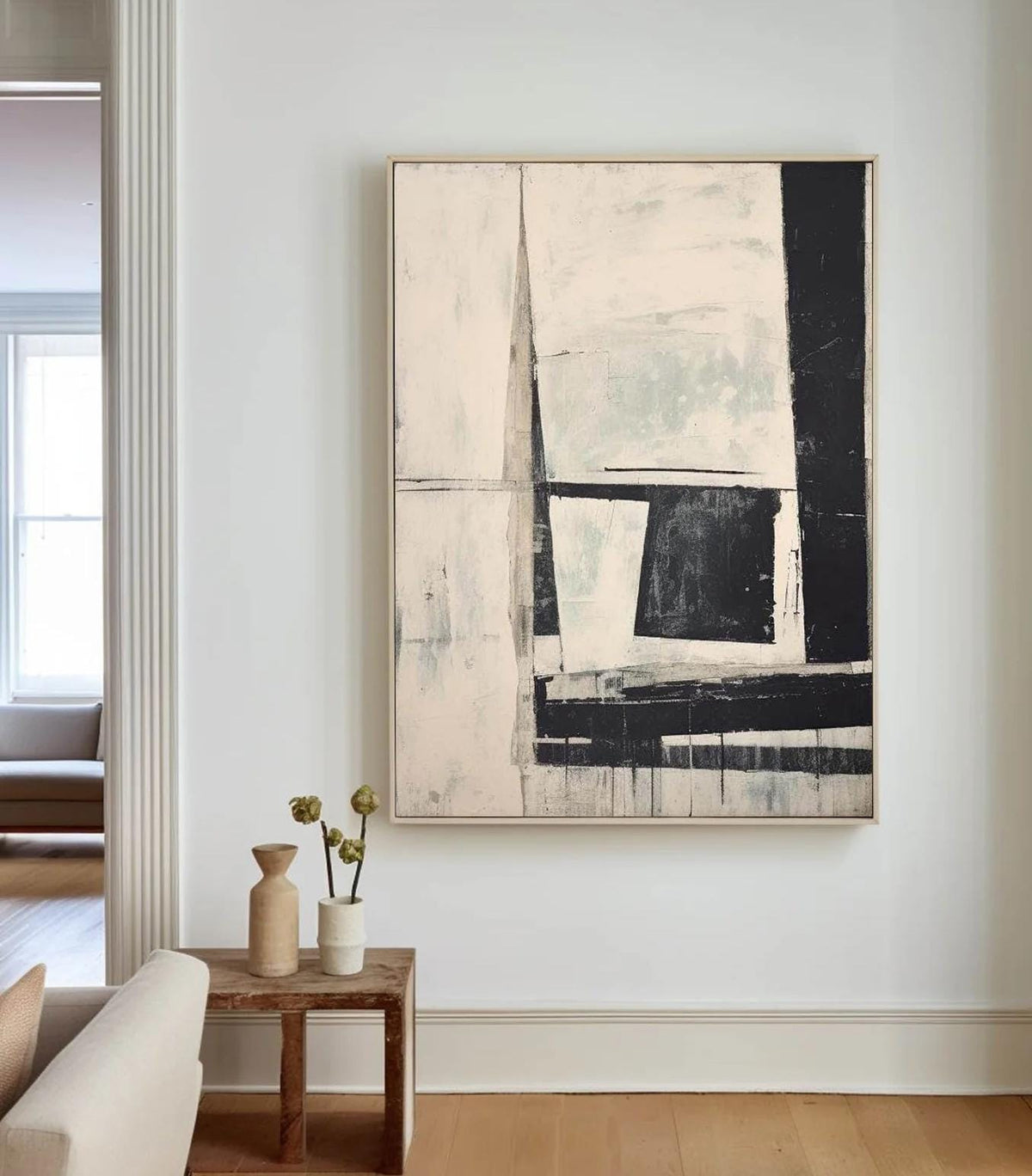 Black and White Abstract Oil painting, Original Neutral Geometric Canvas Wall Art, Modern Minimalist Wall Art for Living Room, Home Décor