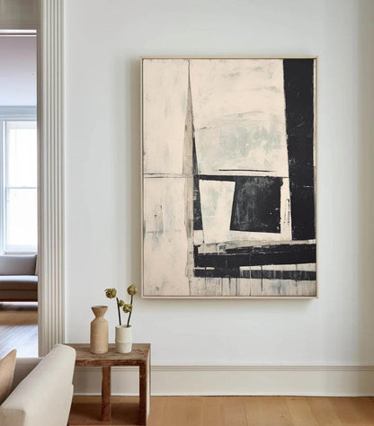 Black and White Abstract Oil painting, Original Neutral Geometric Canvas Wall Art, Modern Minimalist Wall Art for Living Room, Home Décor