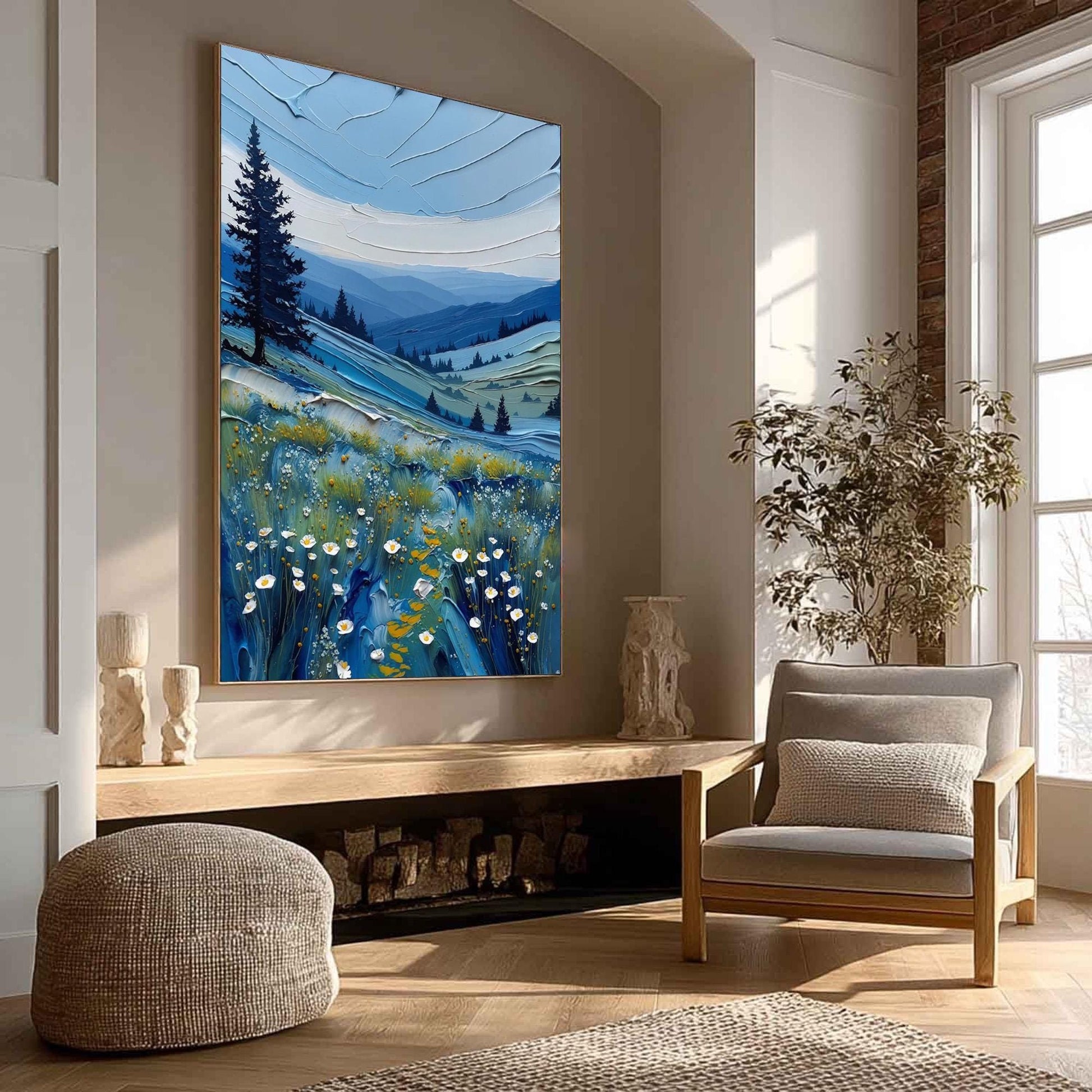 Textured Impasto Landscape Painting, Blue Mountains Floral Meadow Canvas Art – Blue Meadow Landscape Wall Art | Impasto Paint