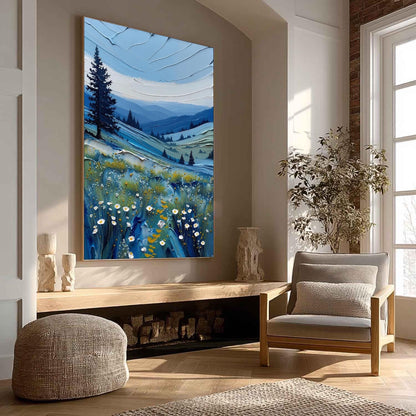 Textured Impasto Landscape Painting, Blue Mountains Floral Meadow Canvas Art – Blue Meadow Landscape Wall Art | Impasto Paint
