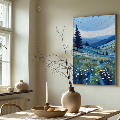 Textured Impasto Landscape Painting, Blue Mountains Floral Meadow Canvas Art – Blue Meadow Landscape Wall Art | Impasto Paint