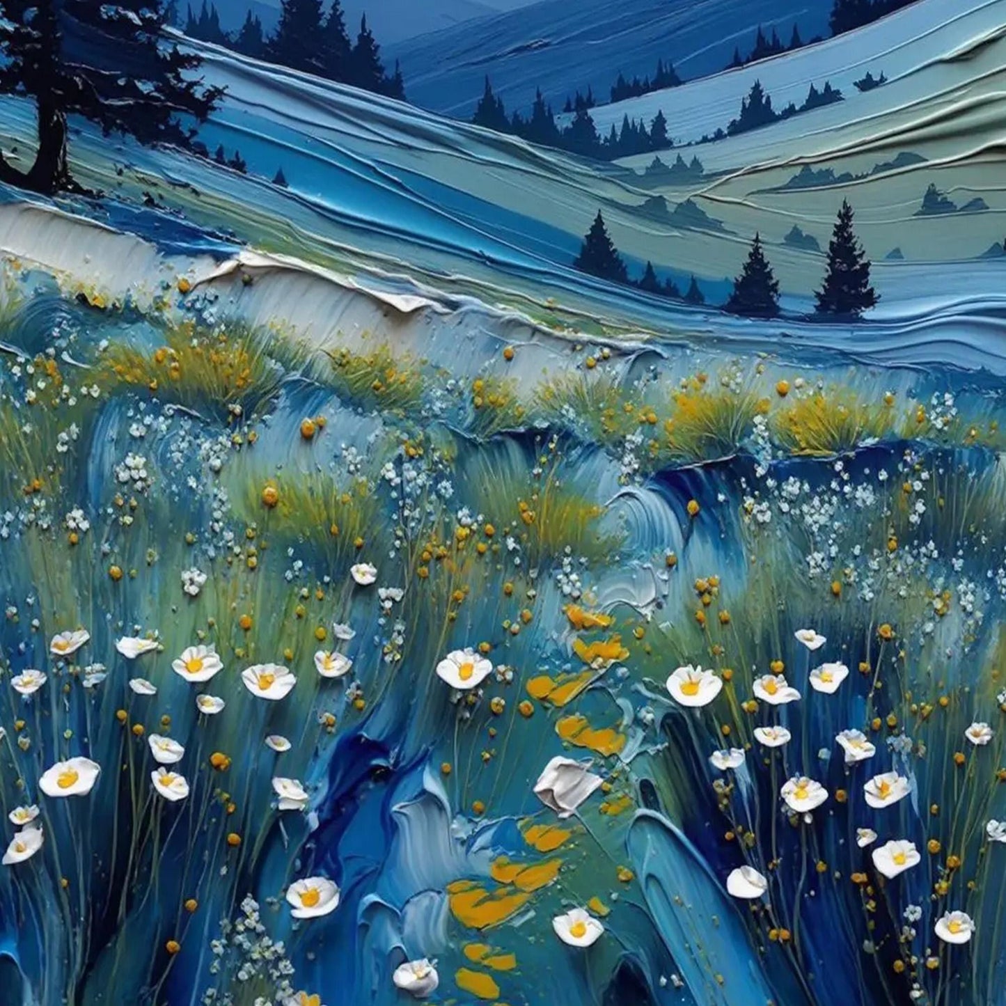 Textured Impasto Landscape Painting, Blue Mountains Floral Meadow Canvas Art – Blue Meadow Landscape Wall Art | Impasto Paint