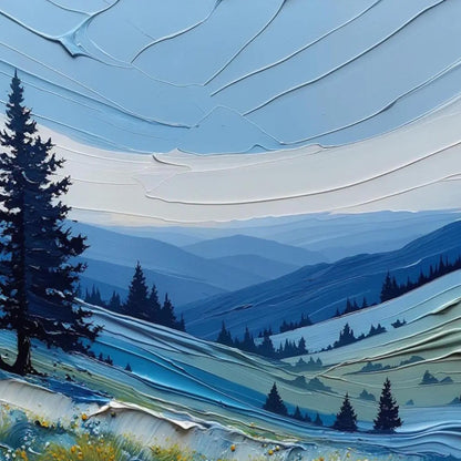 Blue Impasto Meadow Landscape Wall Art – Textured Mountains and Wildflowers Painting