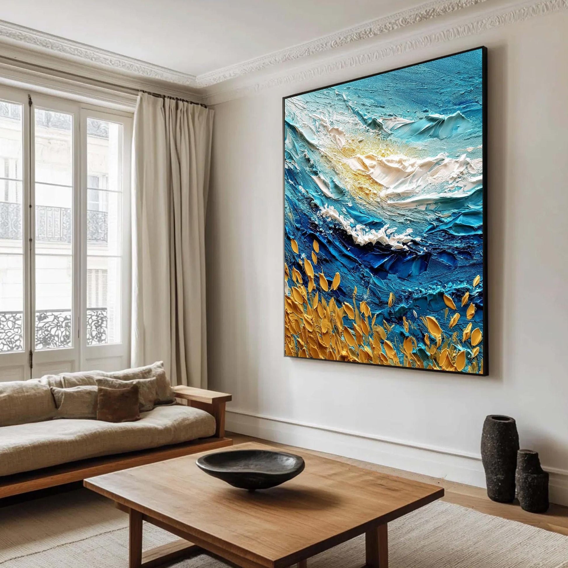 Textured Turquoise Ocean Wave Impasto Painting, Gold Leaf Seascape Canvas Art – Turquoise and Gold Ocean Wave Seascape Wall A