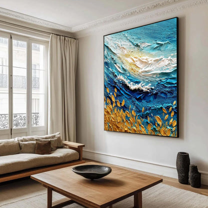 Textured Turquoise Ocean Wave Impasto Painting, Gold Leaf Seascape Canvas Art – Turquoise and Gold Ocean Wave Seascape Wall A
