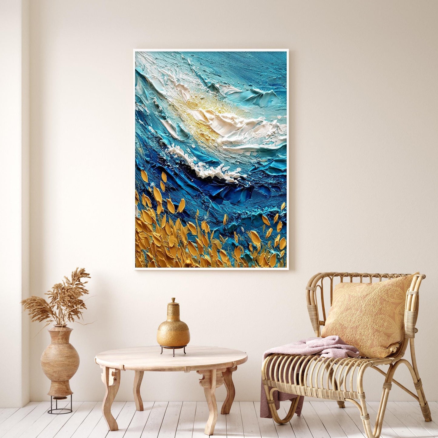 Turquoise and Gold Impasto Ocean Wave Seascape Wall Art