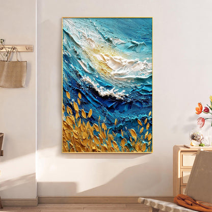 Textured Turquoise Ocean Wave Impasto Painting, Gold Leaf Seascape Canvas Art – Turquoise and Gold Ocean Wave Seascape Wall A