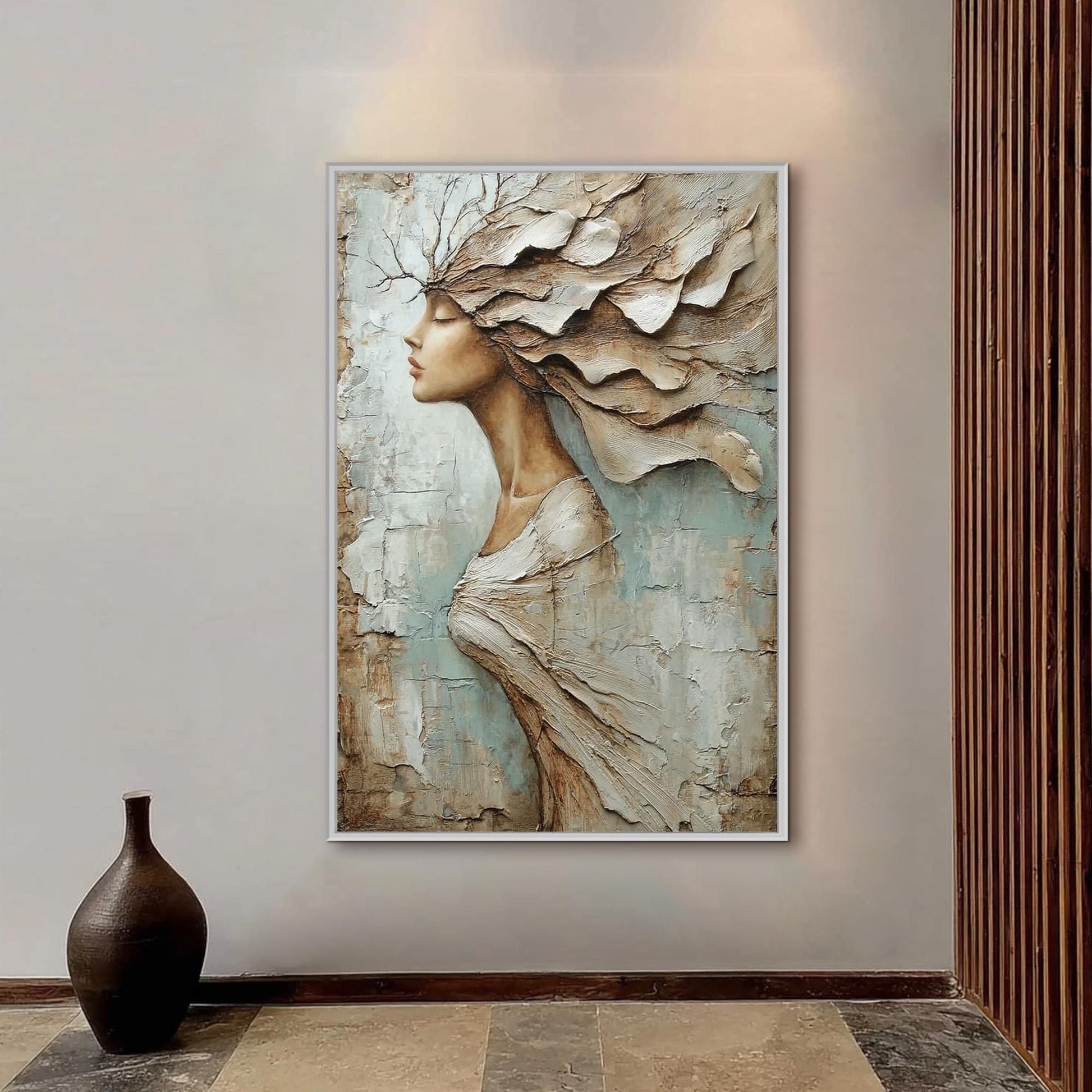 Textured Woman Profile Painting, Palette Knife Art, Blue Taupe Neutrals, Modern Wall Decor – Blue and Taupe Figurative Figure