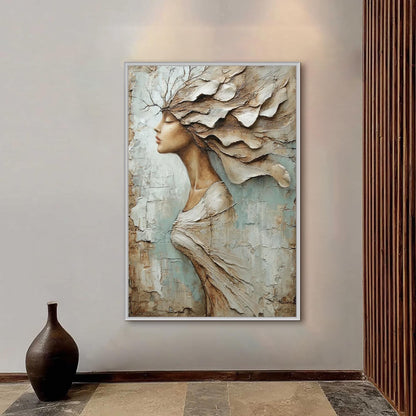 Textured Woman Profile Painting, Palette Knife Art, Blue Taupe Neutrals, Modern Wall Decor – Blue and Taupe Figurative Figure