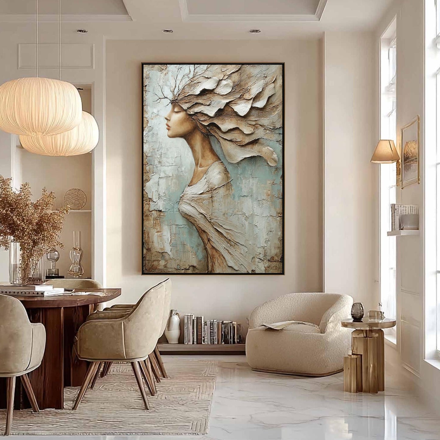 Textured Woman Profile Painting, Palette Knife Art, Blue Taupe Neutrals, Modern Wall Decor – Blue and Taupe Figurative Figure