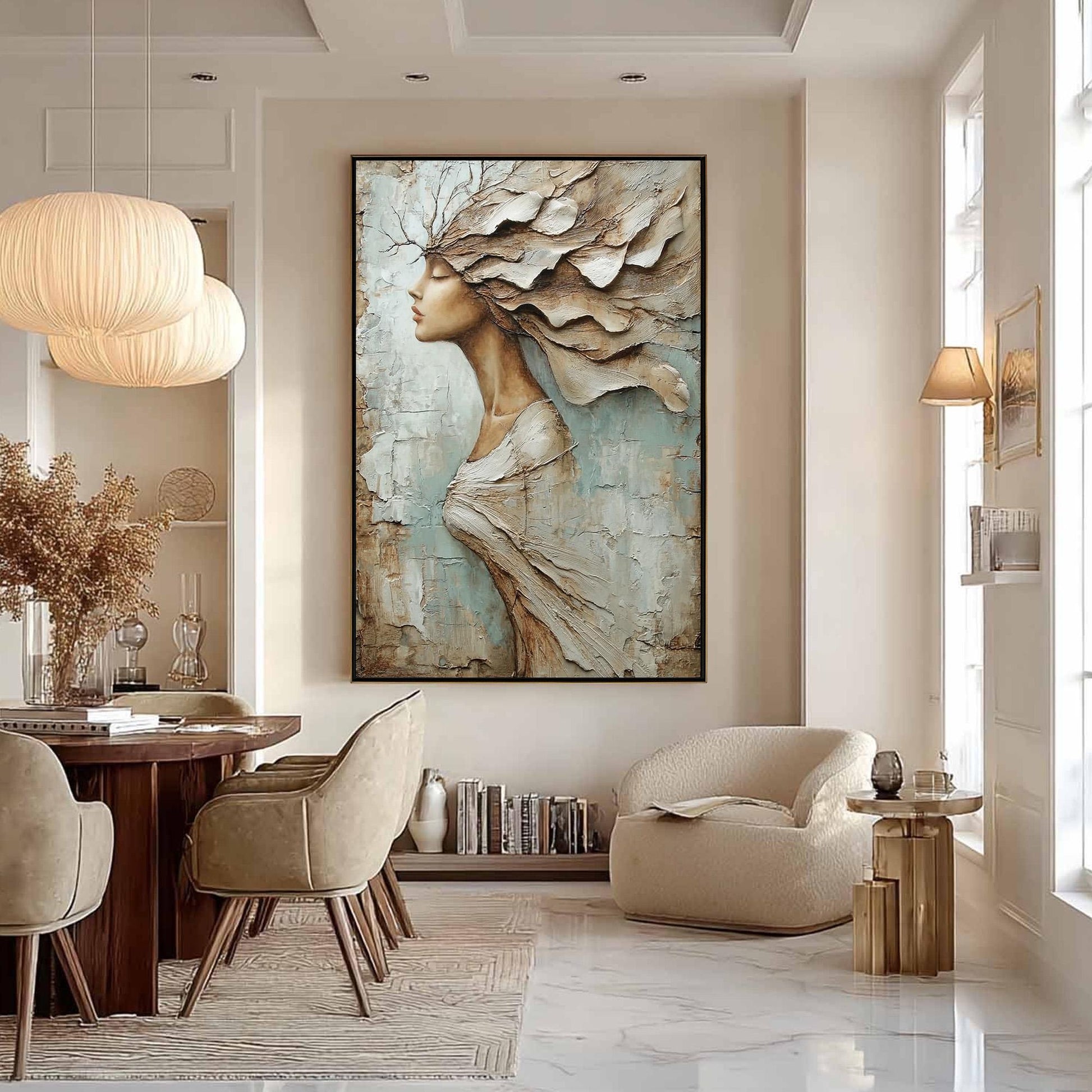 Textured Woman Profile Painting, Palette Knife Art, Blue Taupe Neutrals, Modern Wall Decor – Blue and Taupe Figurative Figure