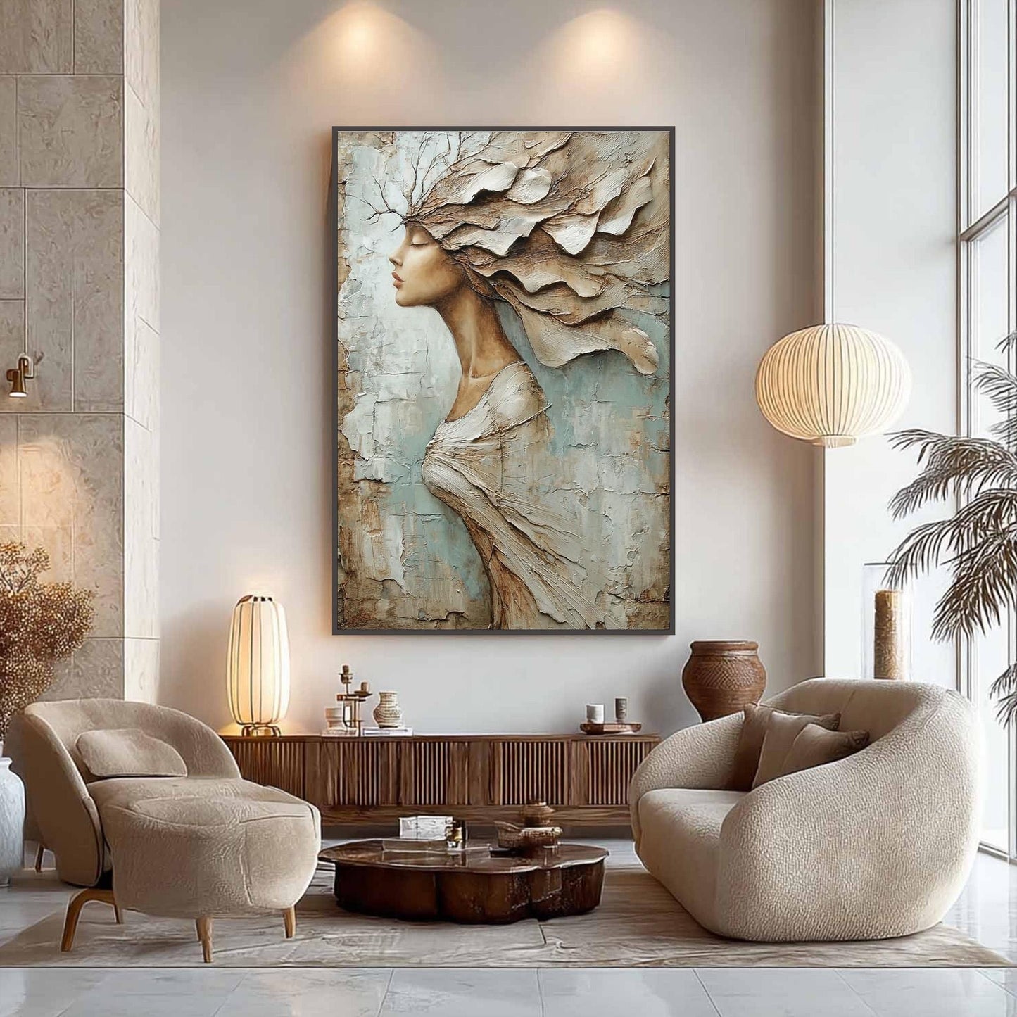 Textured Woman Profile Painting, Palette Knife Art, Blue Taupe Neutrals, Modern Wall Decor – Blue and Taupe Figurative Figure