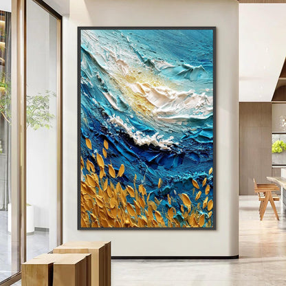 Textured Turquoise Ocean Wave Impasto Painting, Gold Leaf Seascape Canvas Art – Turquoise and Gold Ocean Wave Seascape Wall A