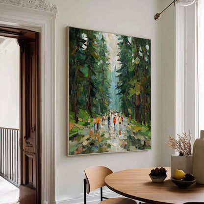 May include: A large rectangular oil painting on canvas depicting a forest path with tall green trees and a group of people walking in the distance. The artwork features thick, textured brushstrokes in shades of dark green, brown, and white.