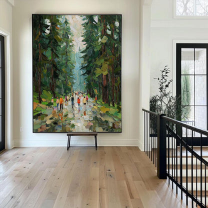 May include: A large rectangular oil painting featuring a dense forest scene with tall dark green trees and a path filled with small figures wearing bright orange, red, and yellow clothing. The artwork uses thick, visible brushstrokes throughout.