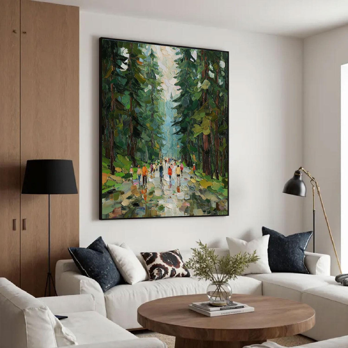 May include: A large rectangular wall art piece featuring an impressionistic oil painting of a dense forest path with tall green trees and a group of small figures walking along a light-colored trail in the center of the composition.