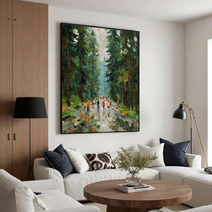 May include: A large rectangular wall art piece featuring an impressionistic oil painting of a dense forest path with tall green trees and a group of small figures walking along a light-colored trail in the center of the composition.