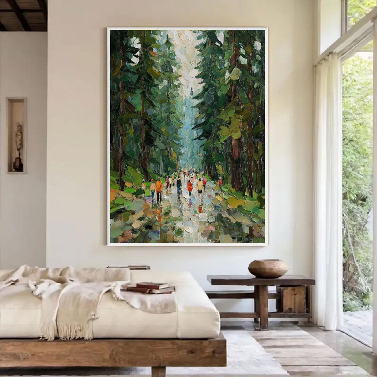 May include: A large rectangular oil painting featuring a dense forest scene with tall, dark green trees and a path filled with small, colorful figures walking through the woods. The artwork uses thick, textured brushstrokes in shades of green, brown, and white to create a vibrant, impressionistic depiction of a forest trail.