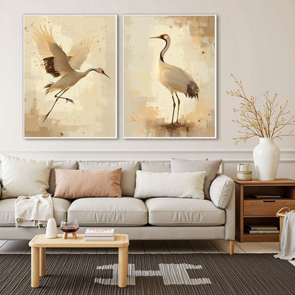 Gold and Beige Minimalist Bird Animal Wall Art – Set of Two Crane Paintings, Beige Gold Bird Wall Art, Minimalist Japanese Style Diptych