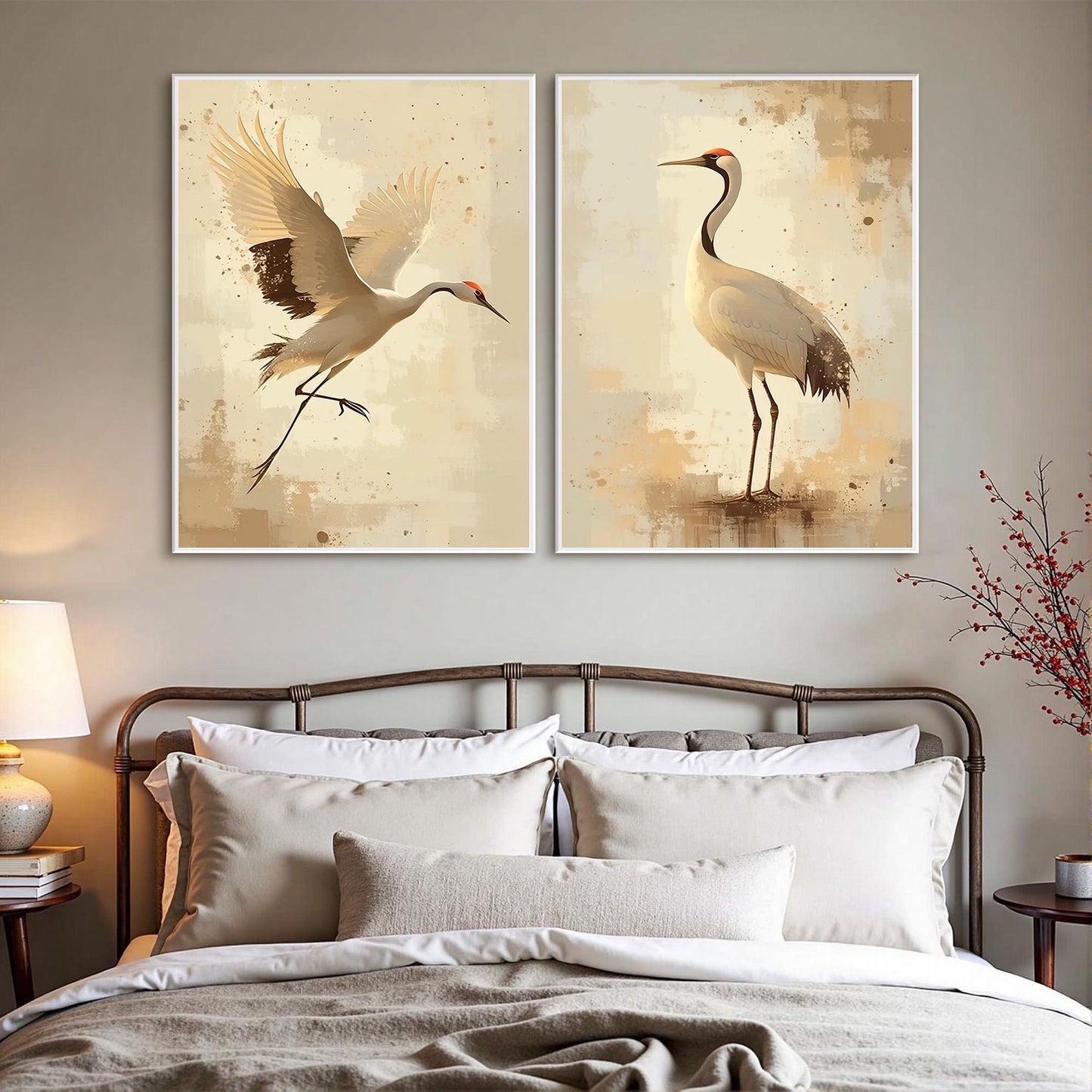 Gold and Beige Minimalist Bird Animal Wall Art – Set of Two Crane Paintings, Beige Gold Bird Wall Art, Minimalist Japanese Style Diptych