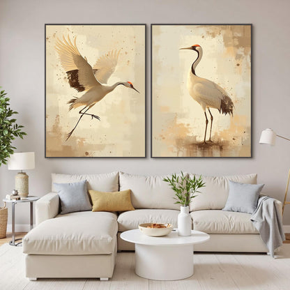 Gold and Beige Minimalist Bird Animal Wall Art – Set of Two Crane Paintings, Beige Gold Bird Wall Art, Minimalist Japanese Style Diptych
