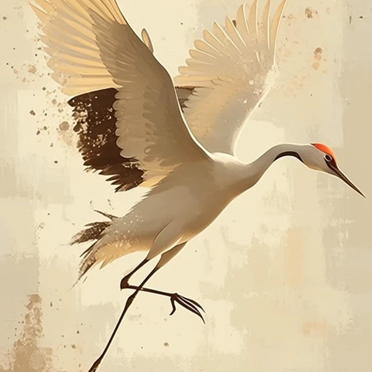 Set of Two Crane Paintings, Beige Gold Bird Wall Art, Minimalist Japanese Style Diptych – Gold and Beige Bird Animal Wall Art