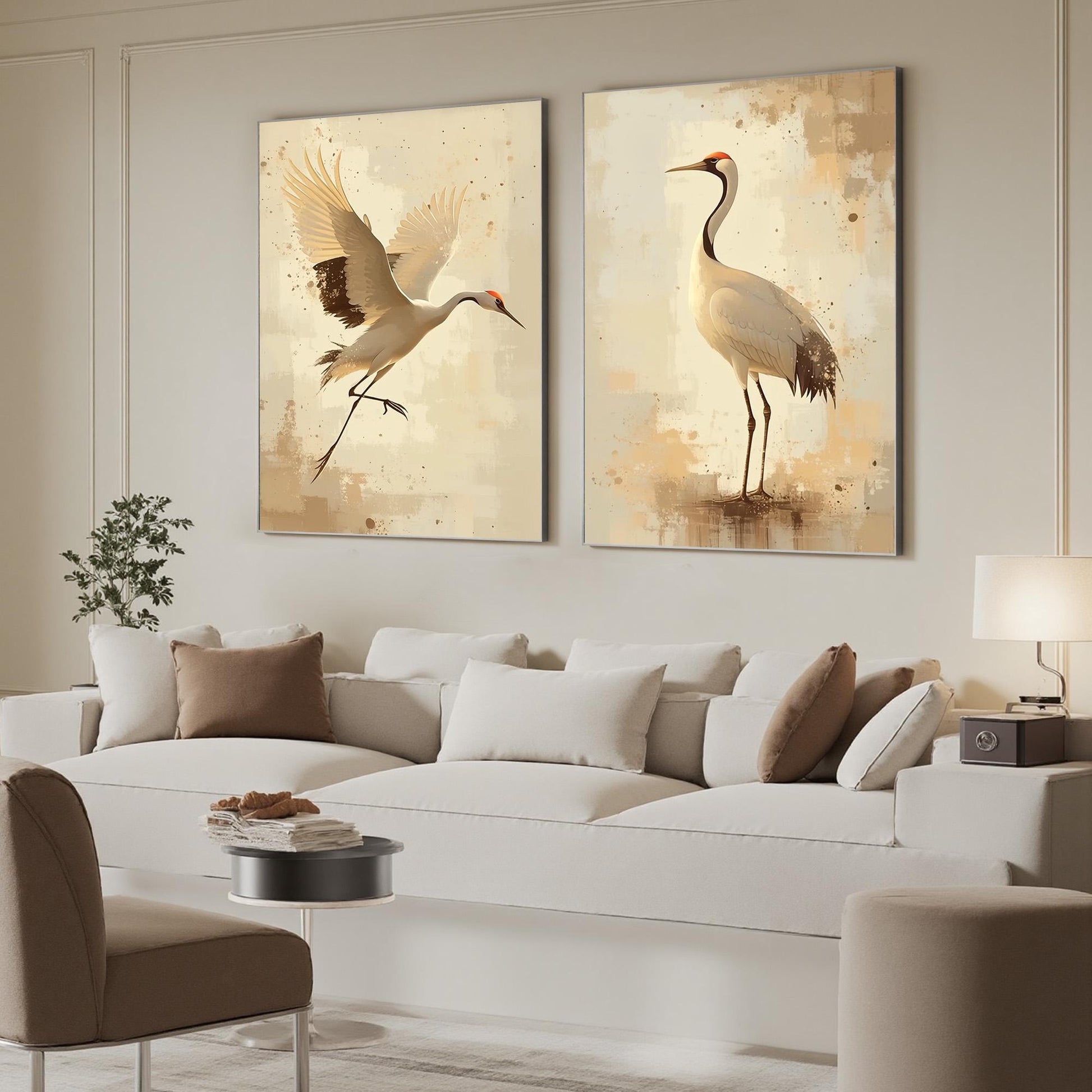 Set of Two Crane Paintings, Beige Gold Bird Wall Art, Minimalist Japanese Style Diptych – Gold and Beige Bird Animal Wall Art