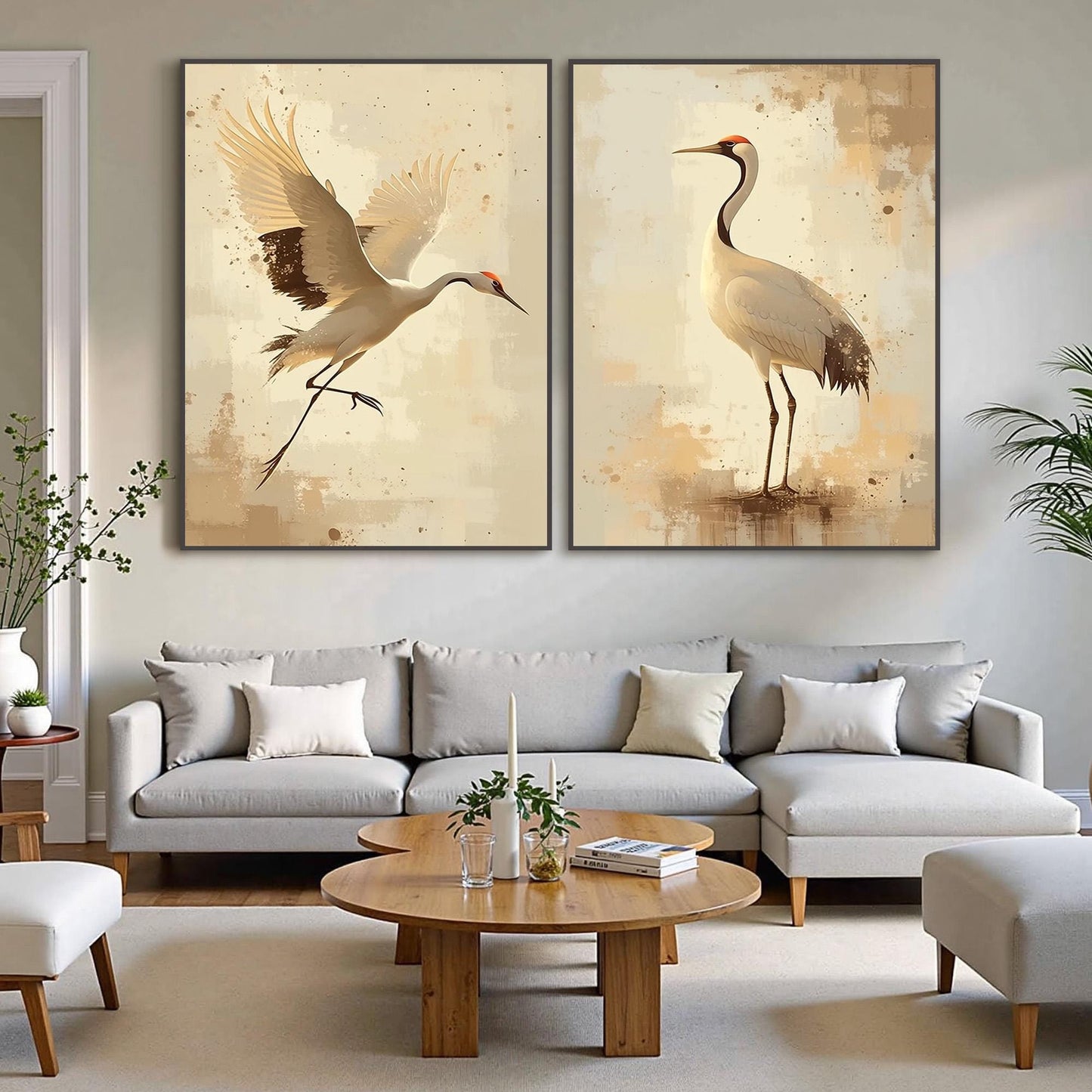 Set of Two Crane Paintings, Beige Gold Bird Wall Art, Minimalist Japanese Style Diptych – Gold and Beige Bird Animal Wall Art