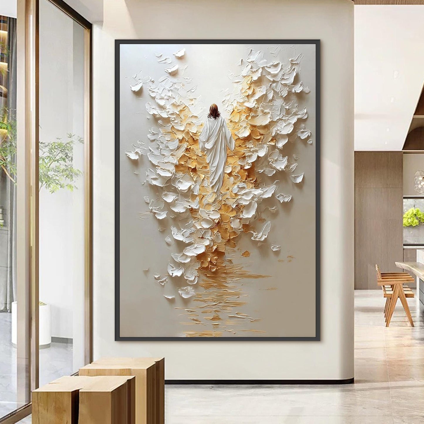 Original Angel Painting – Gold and White Abstract 3D Texture Wall Art | Impasto Hand-Painted Painting, view 4