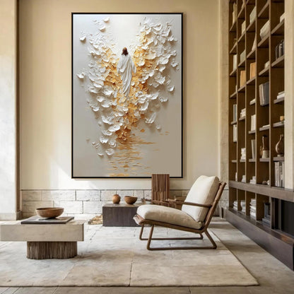 Gold and White Impasto Abstract 3D Texture Wall Art – Original Angel Painting