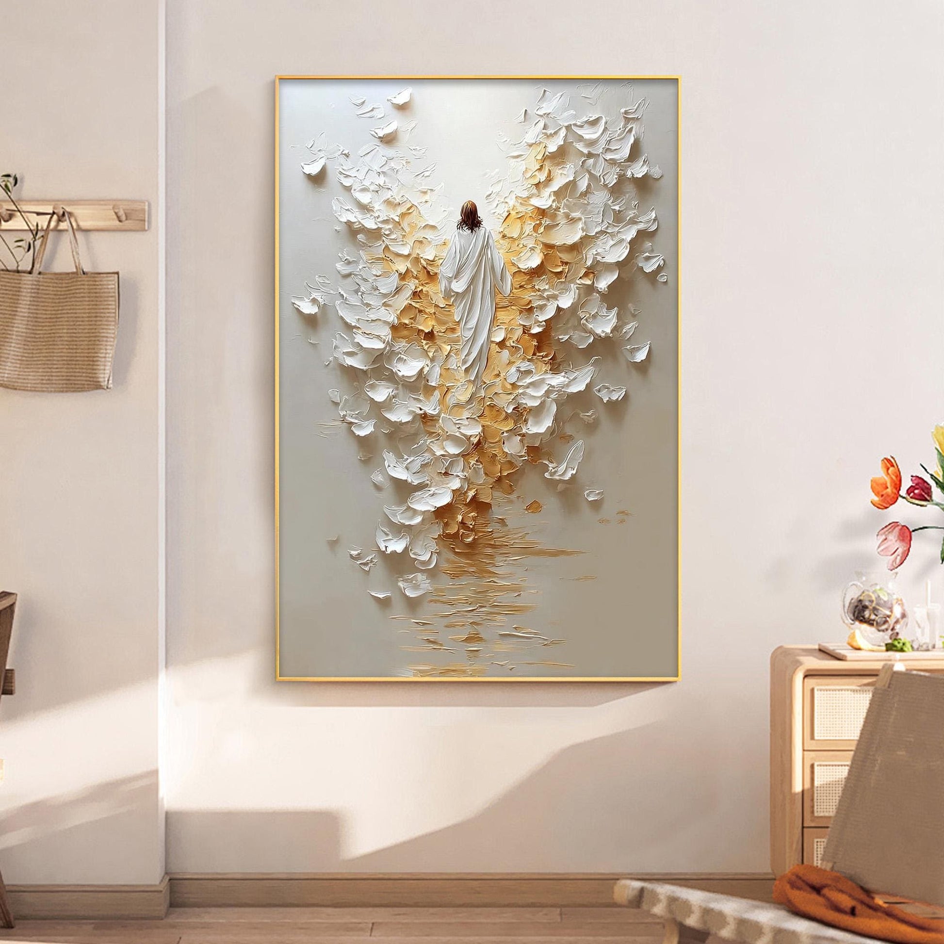 Original Angel Painting – Gold and White Abstract 3D Texture Wall Art | Impasto Hand-Painted Painting, view 1