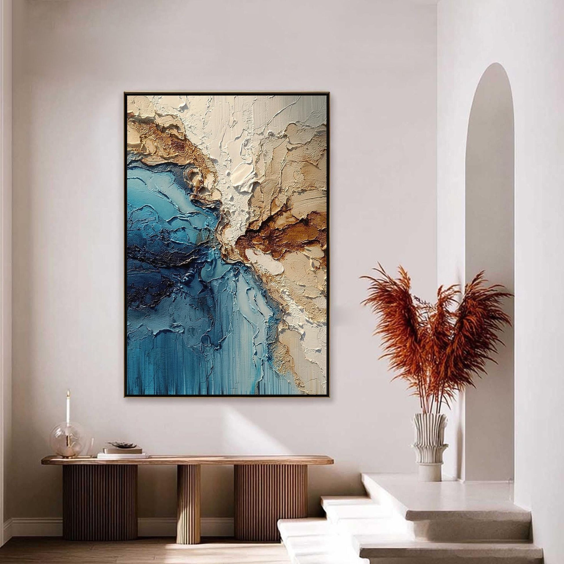 Abstract Coastal Oil Painting – Turquoise Beach Seascape Wall Art | Abstract Impasto Hand-Painted Oil Painting, view 1