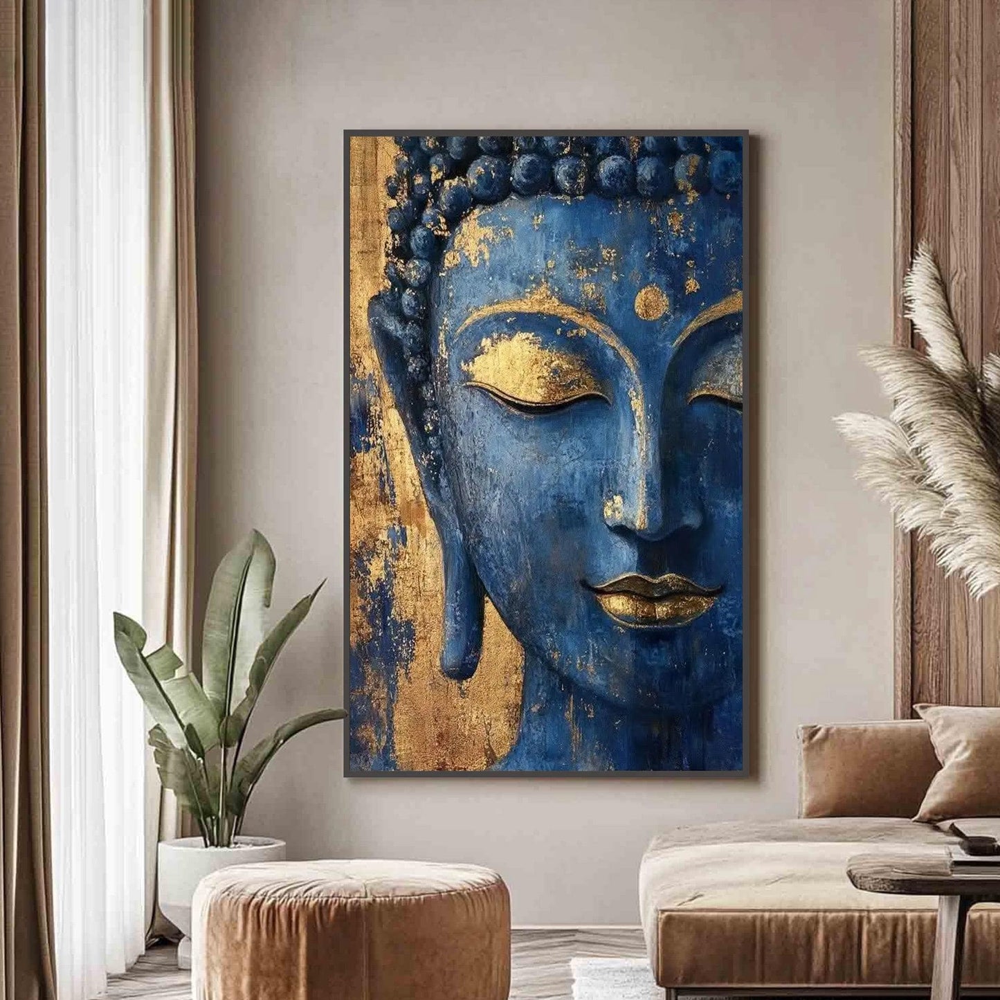Blue Textured Buddha Face Wall Art – Blue and Gold Botanical Leaf Wall Art | Textured Painting, view 4