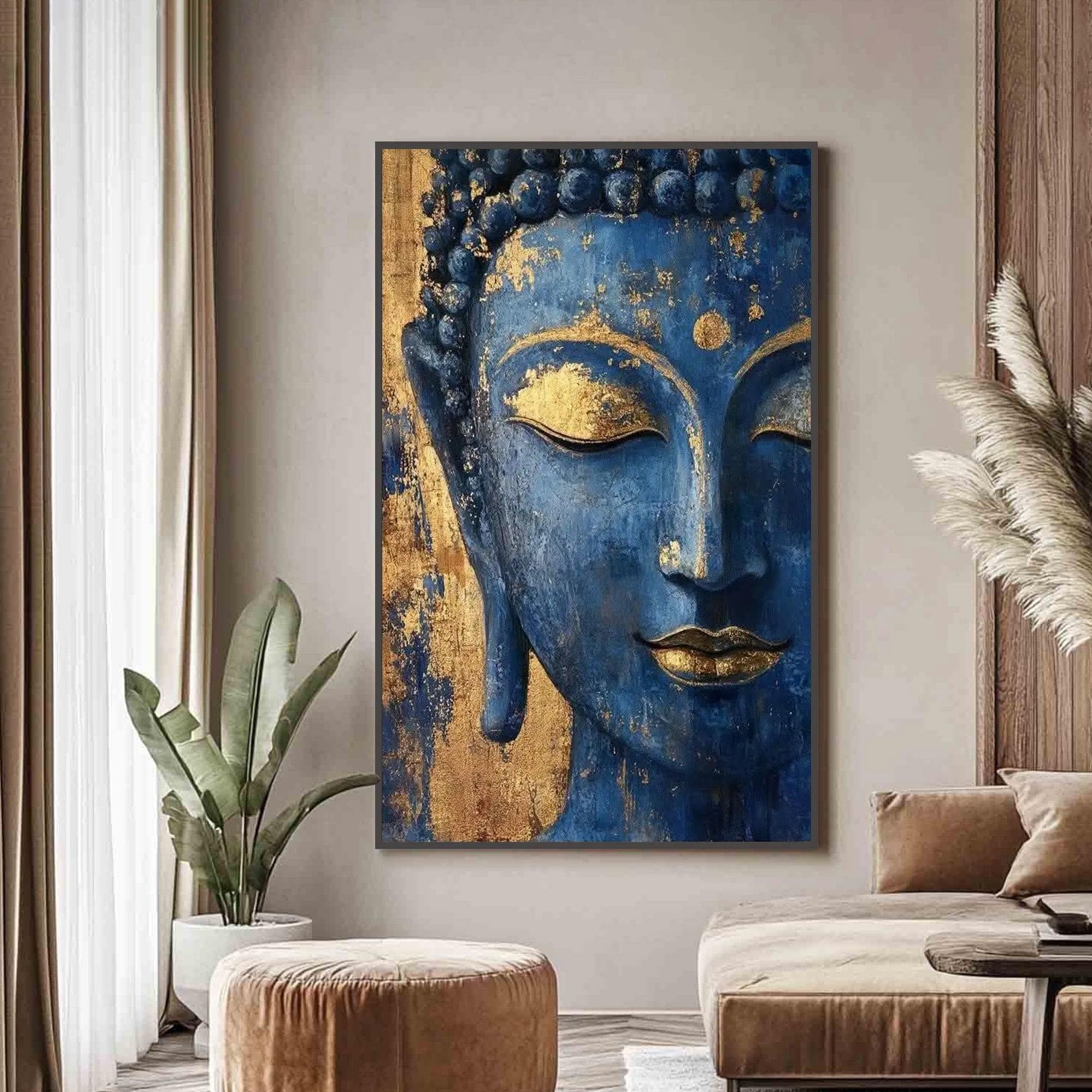Blue Textured Buddha Face Wall Art – Blue and Gold Botanical Leaf Wall Art | Textured Painting, view 4