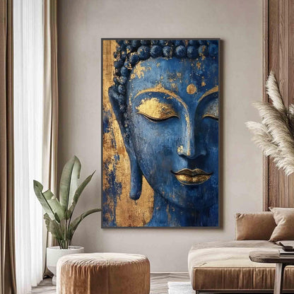 Blue Textured Buddha Face Wall Art – Blue and Gold Botanical Leaf Wall Art | Textured Painting, view 4