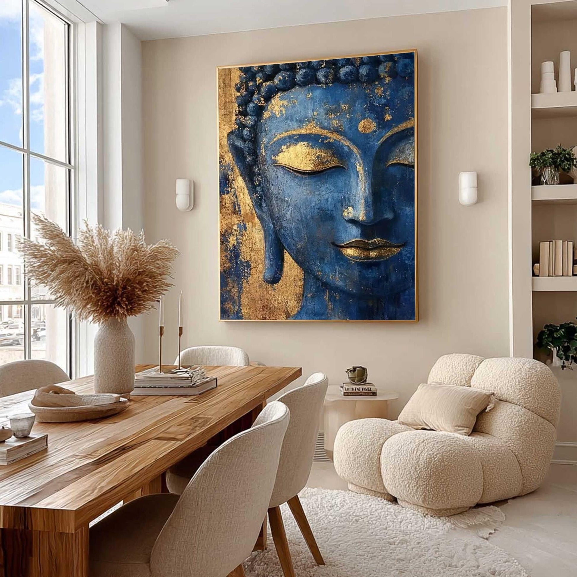 Blue Textured Buddha Face Wall Art – Blue and Gold Botanical Leaf Wall Art | Textured Painting, view 3