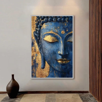 Blue and Gold Textured Leaf Wall Art – Serene Botanical Canvas Painting