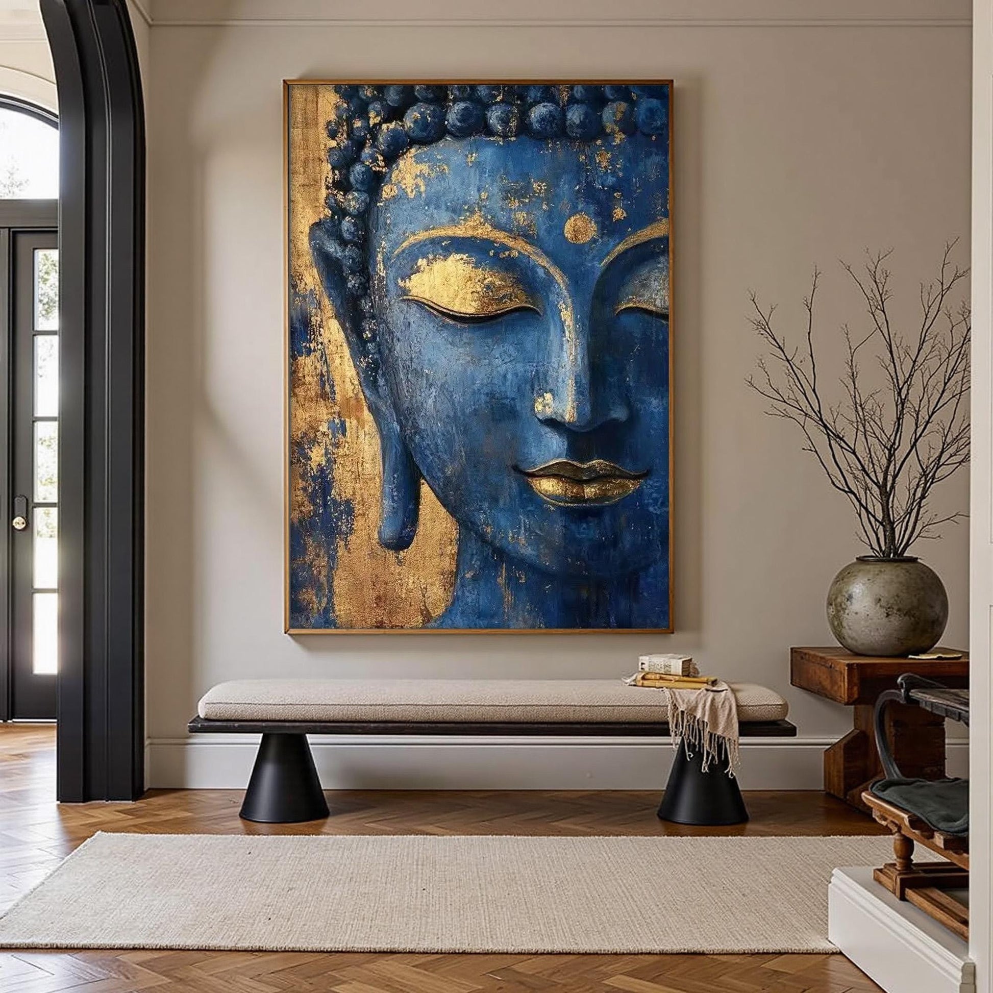 Blue Textured Buddha Face Wall Art – Blue and Gold Botanical Leaf Wall Art | Textured Painting, view 1